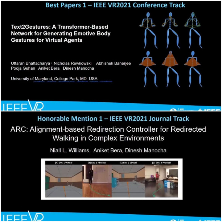 Descriptive image for UMD GAMMA Group Awarded Best Paper and an Honorable Mention at IEEE VR 2021